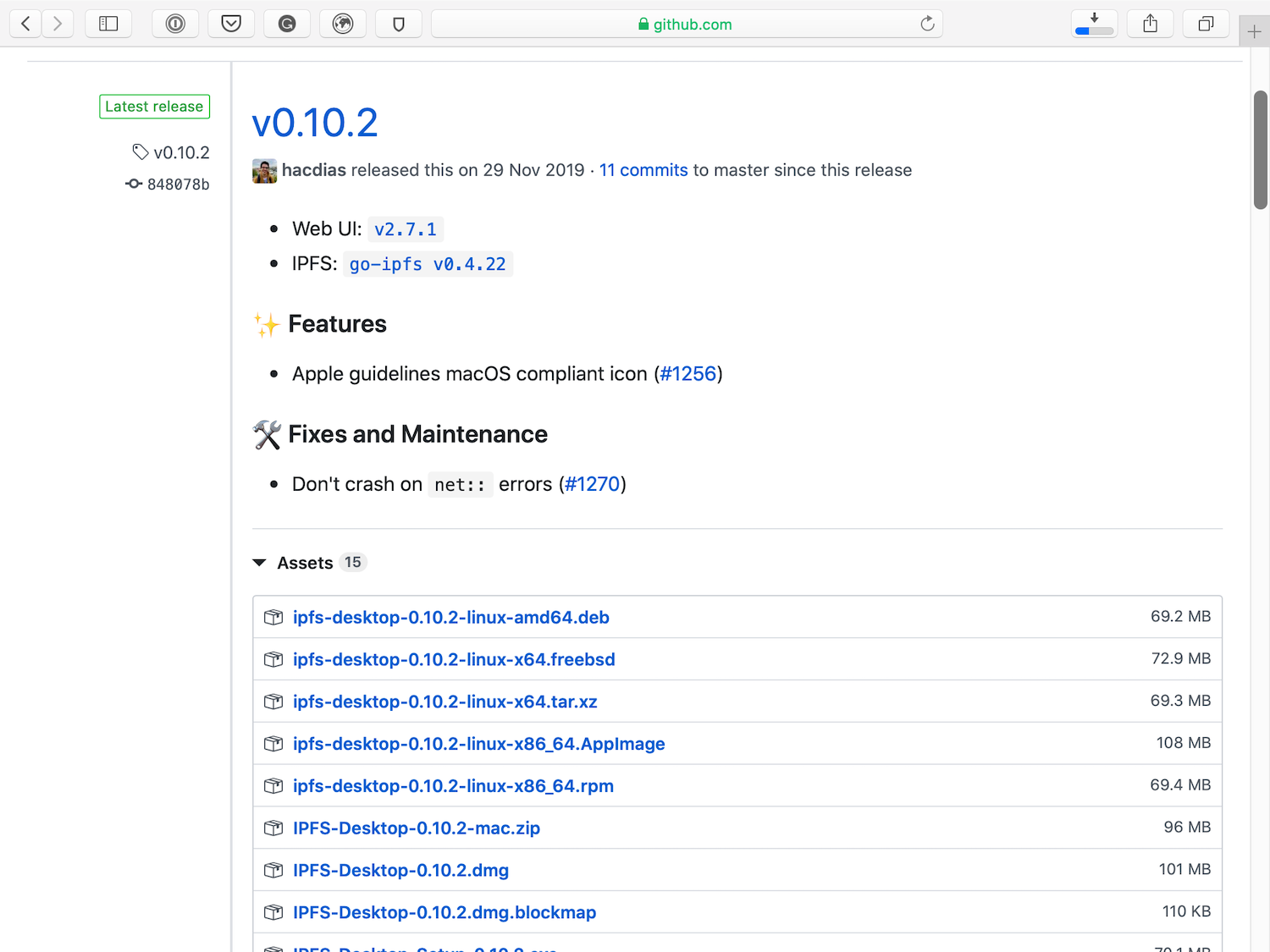 La pagina Release di IPFS Desktop su Github