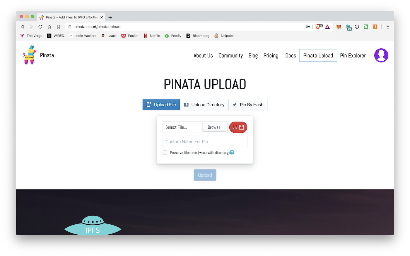La schermata Upload di Pinata.cloud